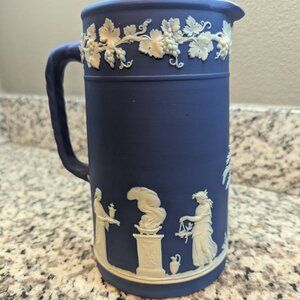 Wedgwood England Dark Blue Jasperware Jug Large Pitcher  in Rope Handle